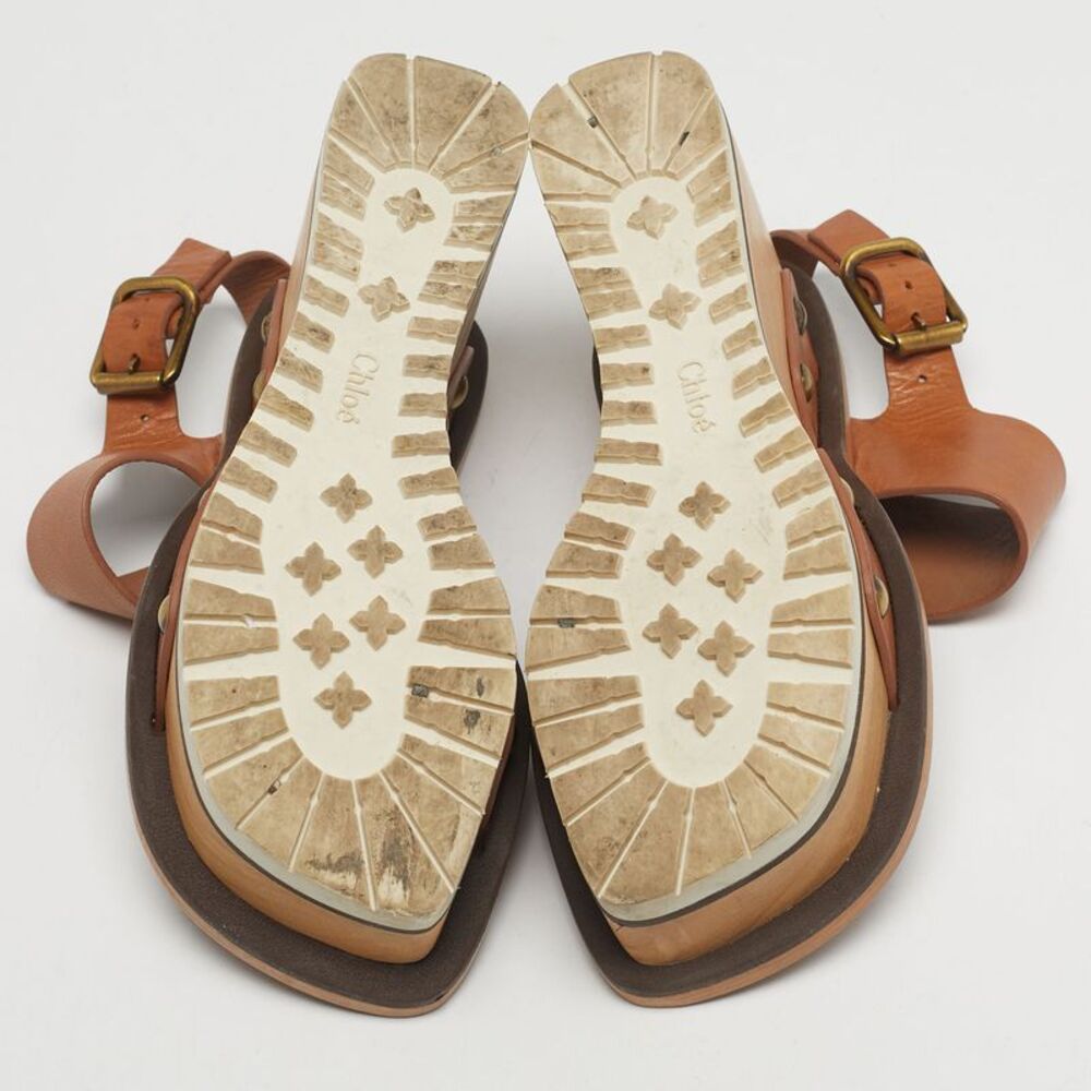 Chloe Size 37 Brown Leather Ankle Strap Wedge Sandals - Picture 6 of 7